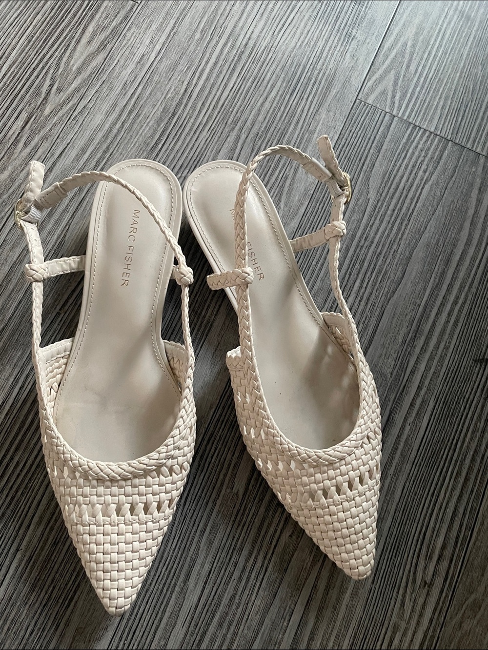 Marc Fisher Cream Woven Pointed-Toe Slingback Mules